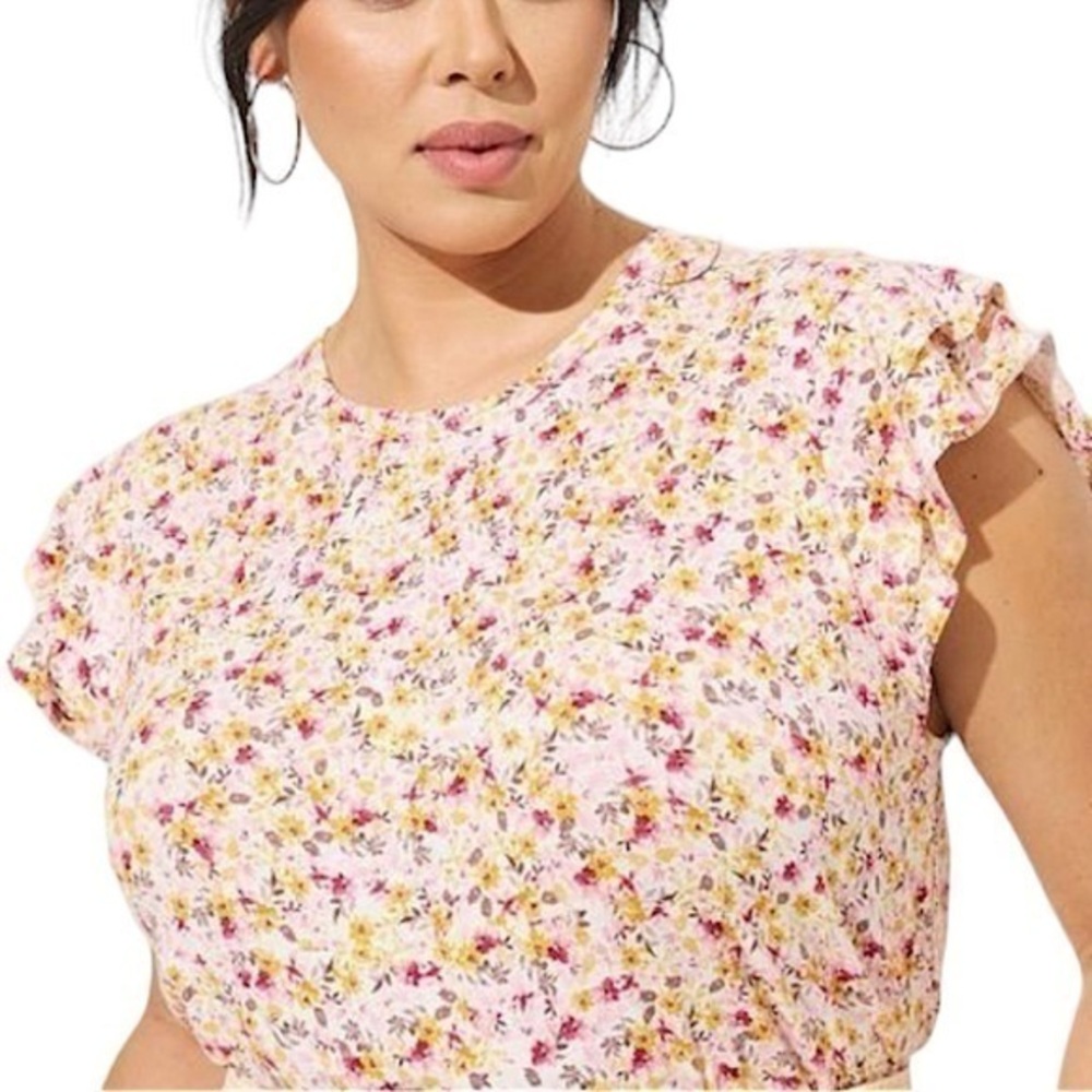 TORRID Super Soft Slub‎ Crew Neck Floral Print Double Ruffle Sleeve Tee …